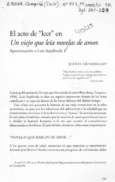 El acto de "leer" en Un viejo que leía novelas de amor  [artículo] Juan D. Cid Hidalgo