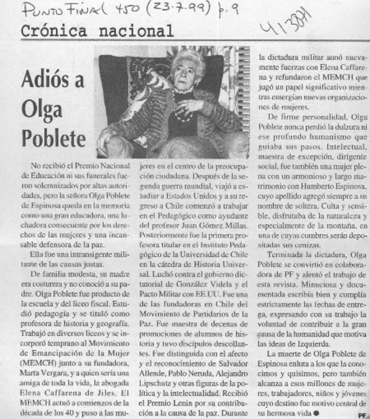 Adiós a Olga Poblete  [artículo] PF