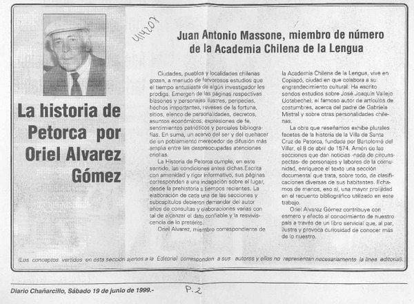 La historia de Petorca por Oriel Alvarez Gómez  [artículo] Juan Antonio Massone