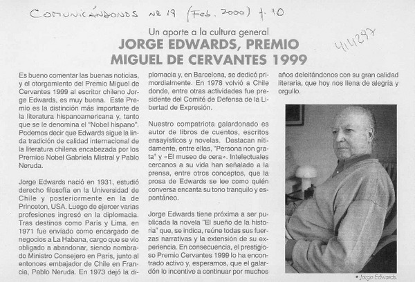Jorge Edwards, Premio Miguel de Cervantes 1999  [artículo]