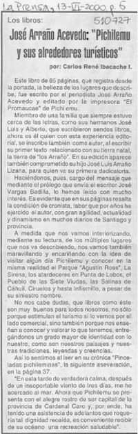 José Arraño Acevedo, "Pichilemu y sus alrededores turísticos"  [artículo] Carlos René Ibacache