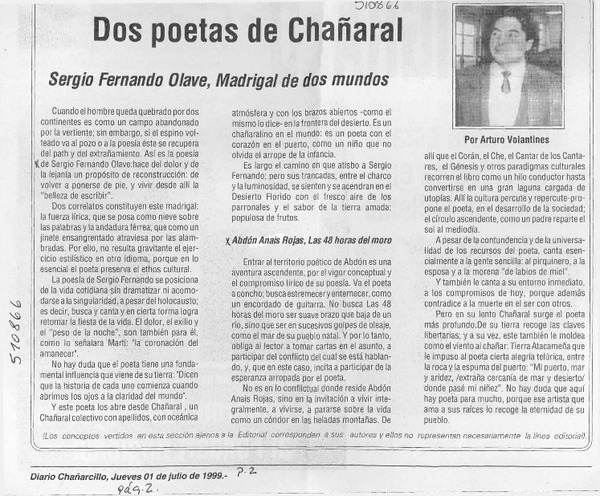 Dos poetas de Chañaral  [artículo] Arturo Volantines