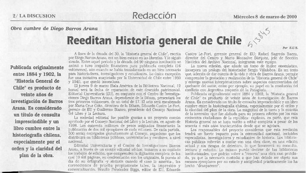 Reeditan historia general de Chile  [artículo] E. U. S.