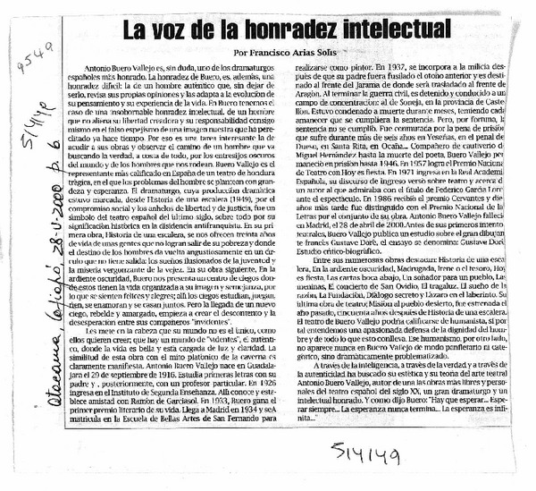 La voz de la honradez intelectual  [artículo] Francisco Arías Solis