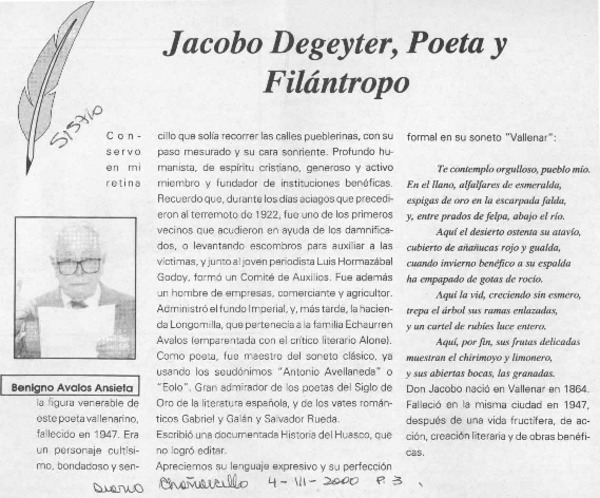 Jacobo Degeyter, poeta y filántropo  [artículo] Benigno Avalos Ansieta