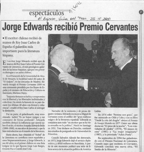 Jorge Edwards recibió Premio Cervantes  [artículo]