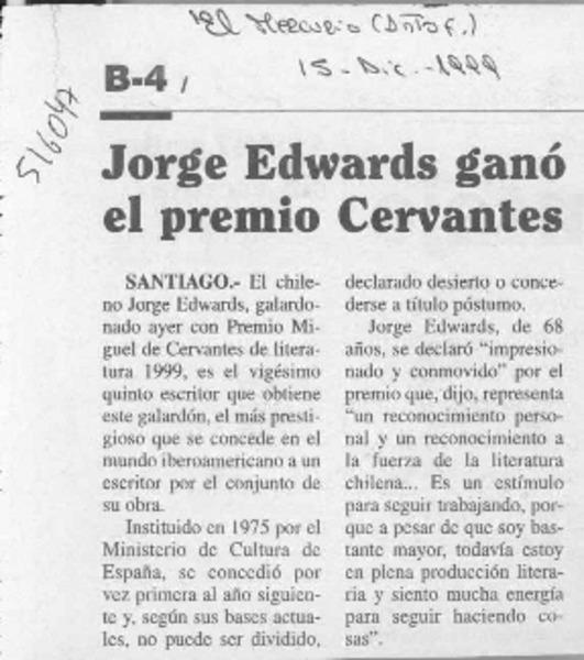 Jorge Edwards ganó el Premio Cervantes  [artículo]