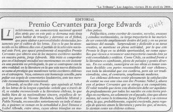 Premio Cervantes para Jorge Edwards  [artículo]