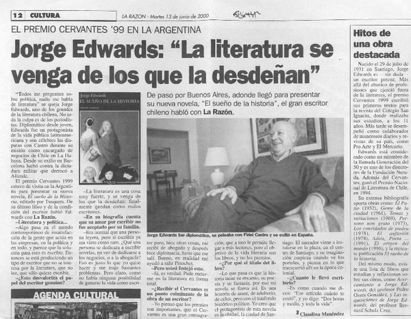 Jorge Edwards, "La literatura se venga de los que la desdeñan"  [artículo] Claudina Menéndez