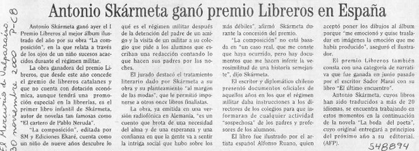 Antonio Skármeta ganó premio Libreros en España  [artículo]