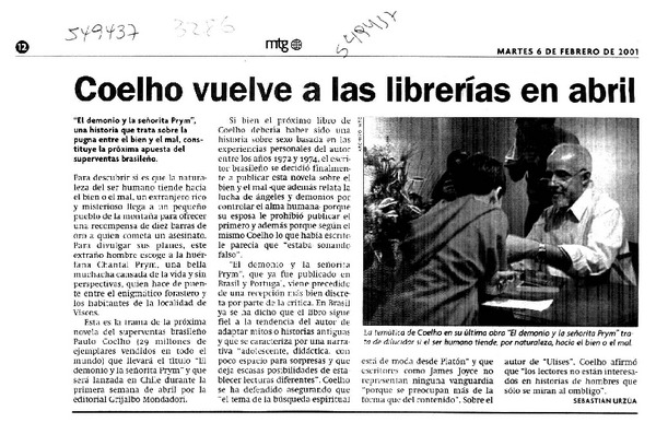 Coelho vuelve a las librerías en abril  [artículo] Sebastián Urzúa