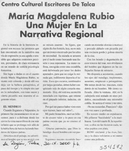 María Magdalena Rubio, una mujer en la narrativa regional