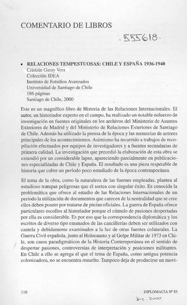 Relaciones tempestuosas, Chile y España 1936-1940  [artículo]