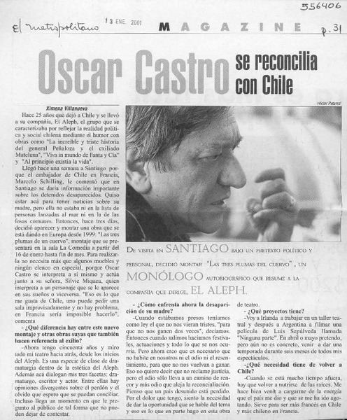 Oscar Castro se reconcilia con Chile  [artículo] Ximena Villanueva