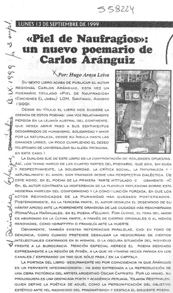 "Piel de naufragios", un nuevo poemario de Carlos Aránguiz