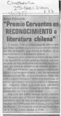 "Premio Cervantes es reconocimiento a literatura chilena"  [artículo]