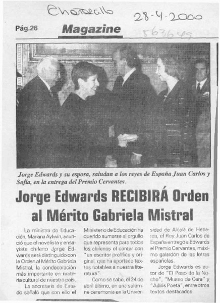 Jorge Edwards recibirá orden al mérito Gabriela Mistral