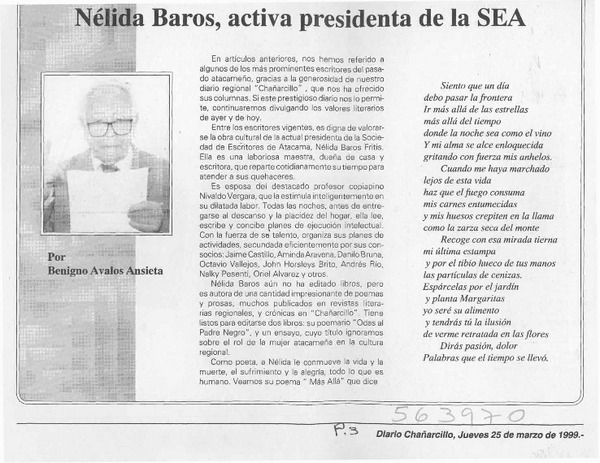 Nélida Baros, activa presidenta de la SEA  [artículo] Benigno Avalos Ansieta
