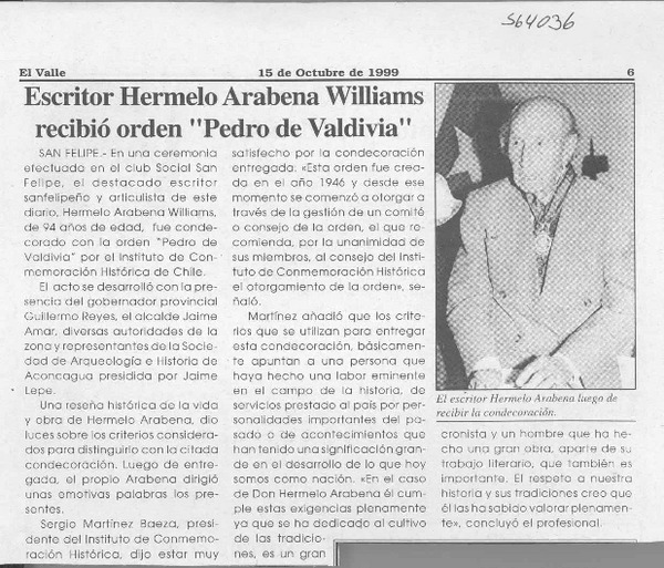 Escritor Hermelo Arabena Williams recibió orden "Pedro de Valdivia"