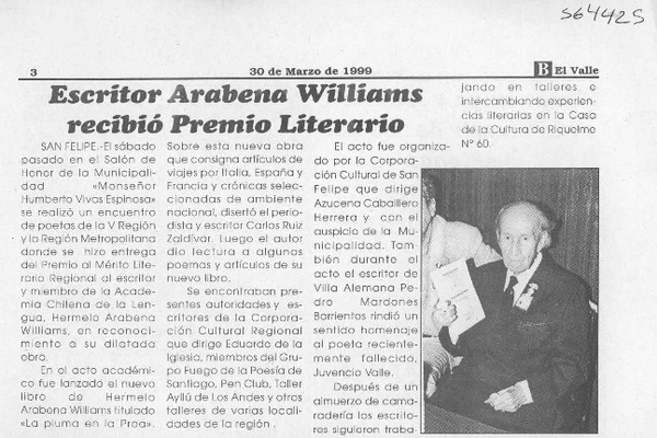Escritor Arabena Williams recibió Premio Literario