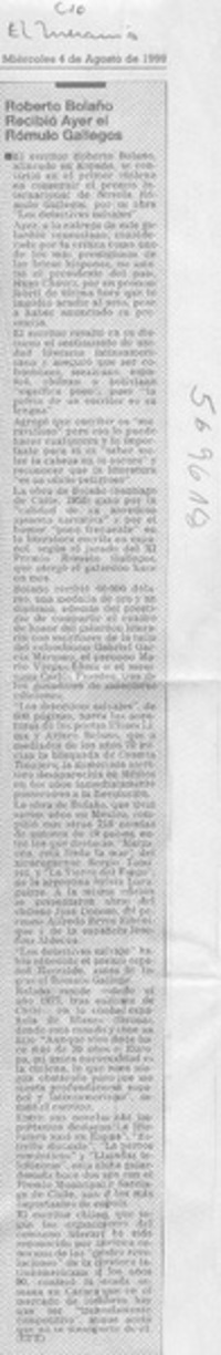 Roberto Bolaño recibió ayer el Rómulo Gallego  [artículo]