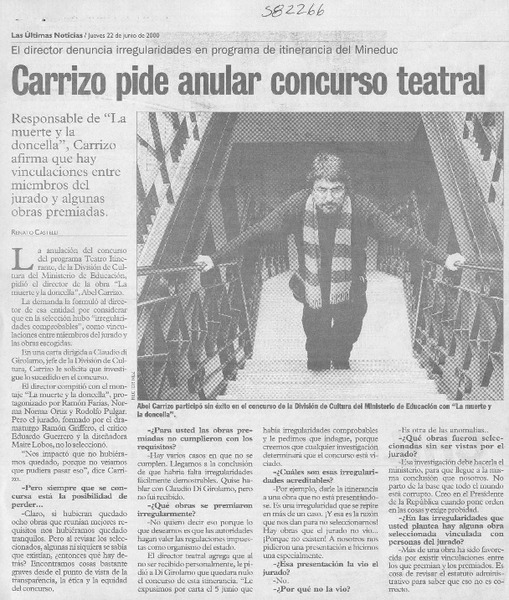 Carrizo pide anular concurso teatral  [artículo] Renato Castelli
