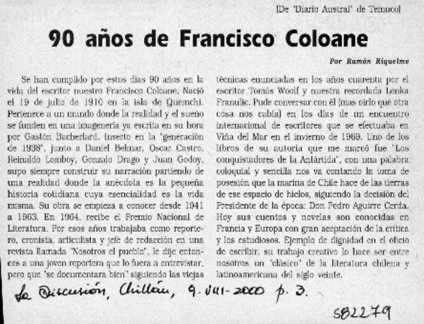 90 años de Francisco Coloane
