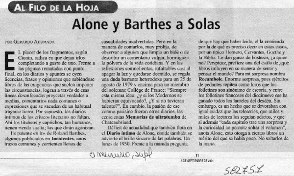 Alone y Barthes a solas  [artículo] Gerardo Ahumada