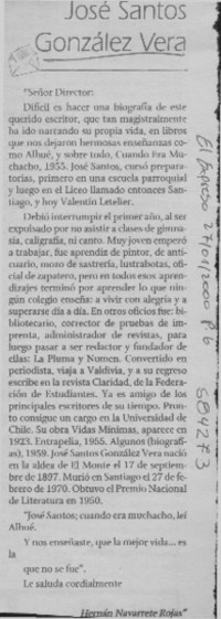 José Santos González Vera  [artículo] Hernán Navarrete Rojas