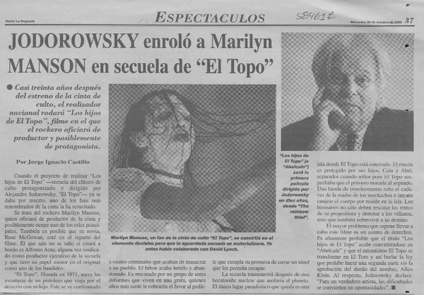 Jodorowsky enroló a Marilyn Manson en secuela de "El Topo"  [artículo] Jorge Ignacio Castillo