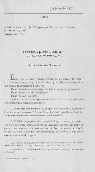 Alfredo Jocelyn-Holt, el Chile perplejo  [artículo] Arturo Fontaine Talavera