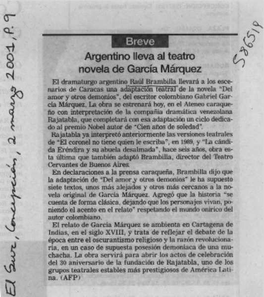 Argentino lleva al teatro novela de García Márquez