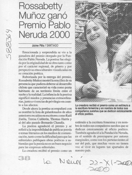 Rossabetty Muñoz ganó Premio Pablo Neruda 2000