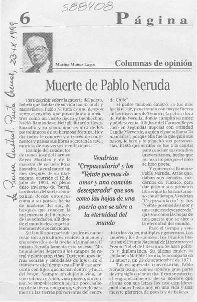 Muerte de Pablo Neruda  [artículo] Marino Muñoz Lagos