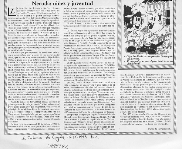 Neruda, niñez y juventud  [artículo] Darío de la Fuente