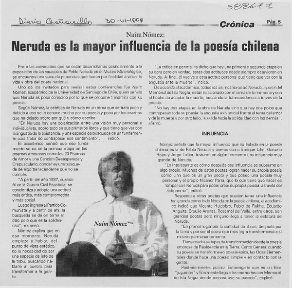 Neruda es la mayor influencia de la poesía chilena  [artículo] Naín Nómez