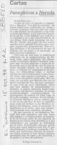 Panegíricos a Neruda  [artículo] Felipe Cussen A.