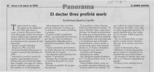 El doctor Oroz prefirió morir  [artículo] Enrique Ramírez Capello