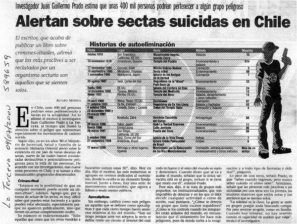 Alertan sobre sectas suicidas en Chile  [artículo] Alvaro Medina