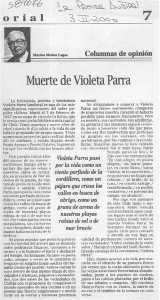 Muerte de Violeta Parra  [artículo] Marino Muñoz Lagos