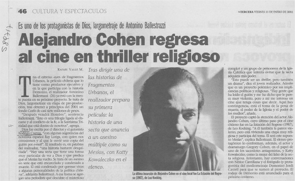 Alejandro Cohen regresa al cine en thriller religioso