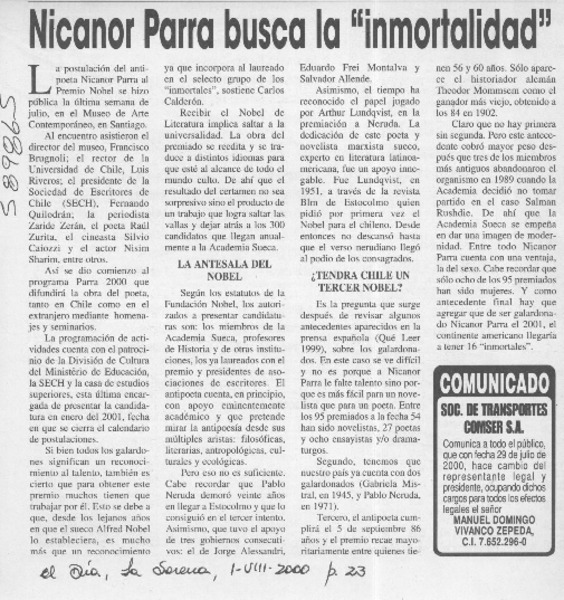 Nicanor Parra busca la "inmortalidad"  [artículo]