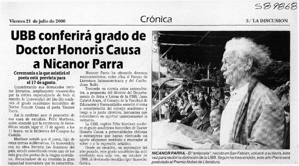 UBB conferirá grado de Doctor Honoris Causa a Nicanor Parra  [artículo]