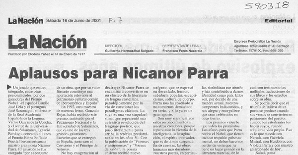 Aplausos para Nicanor Parra  [artículo]