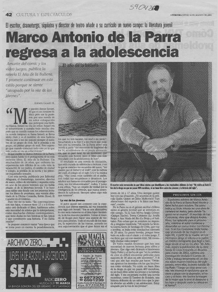 Marco Antonio de la Parra regresa a la adolescencia  [artículo] Andrés Gómez B.