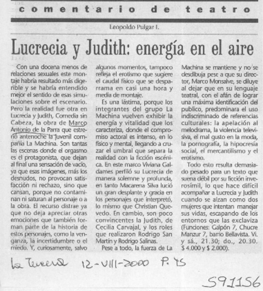 Lucrecia y Judith, energía en el aire  [artículo] Leopoldo Pulgar I.