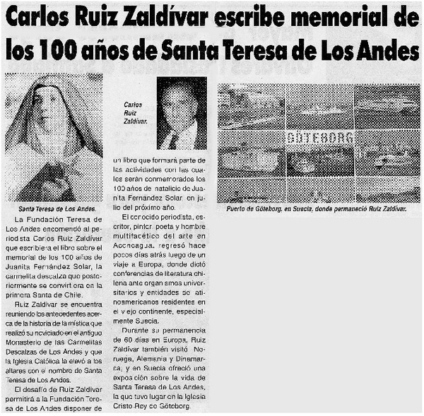 Carlos Ruiz Zaldívar escribe memorial de los 100 años de Santa Teresa de Los Andes