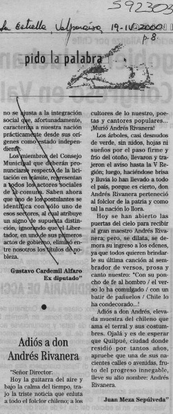 Adiós a don Andrés Rivanera  [artículo] Juan Meza Sepúlveda
