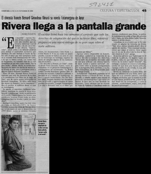 Rivera llega a la pantalla grande  [artículo] Andrés Gómez B.