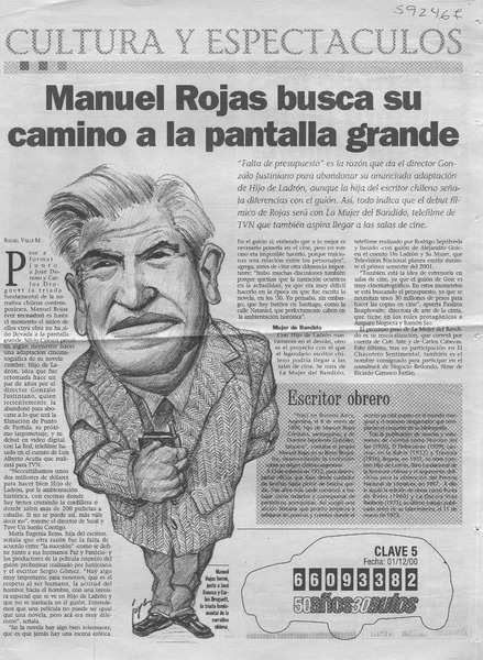 Manuel Rojas busca su camino a la pantalla grande  [artículo] Rafael Valle M.